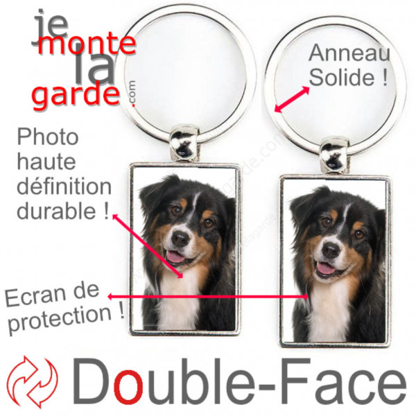 Porte-Clefs métallique double face photo Berger Australien tricolore noir, idée cadeau porte clés fer acier Aussie