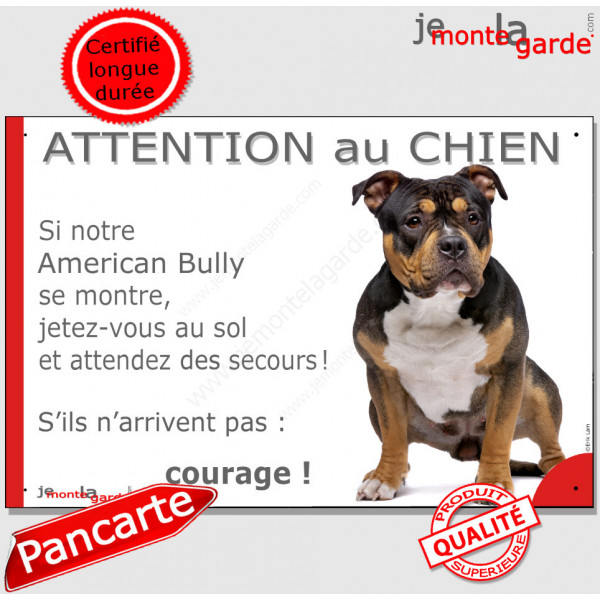 American Bully tricolore, plaque portail humour "Attention au Chien, Jetez Vous au Sol, attendez secours, courage" photo