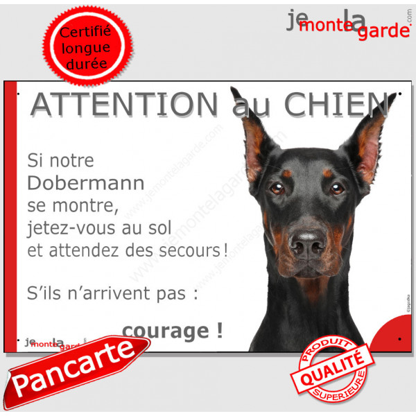 Dobermann noir et feu oreilles taillées, Panneau "Attention au Chien, se montre, jetez-vous au sol et attendez secours" marrant