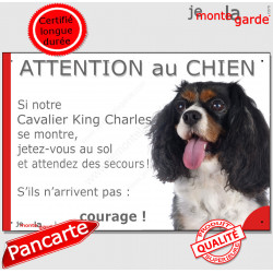 Cavalier King Charles tricolore, plaque portail humour "Attention au Chien, Jetez Vous au Sol, attendez secours, courage" 