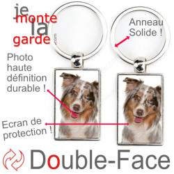 Porte-Clefs métallique double face photo Berger Australien tricolore rouge merle, idée cadeau porte clés fer acier Aussie