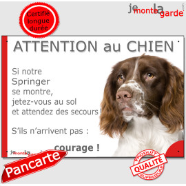 Springer anglais marron foie, plaque portail humour "Attention au Chien, Jetez Vous au Sol, attendez secours, courage" photo, ré