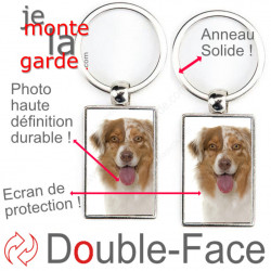 Porte-Clefs métallique double face photo Berger Australien rouge merle, idée cadeau porte clés fer acier Aussie