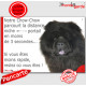 Chow-Chow noir, plaque humour "parcourt distance Niche - Portail moins 3 secondes" pancarte attention au chien photo