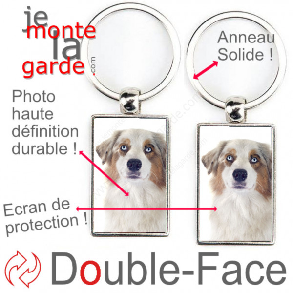 Porte-Clefs métallique double face photo Berger Australien blanc et rouge merle, idée cadeau porte clés fer acier Aussie