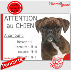 Boxer Bringé tête, Pancarte portail drôle "Attention Chien, nombre de Facteurs, Voleurs, Ballons !" plaque photo panneau