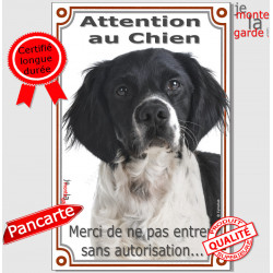 Epagneul Breton Noir tête, pancarte portail "Attention au Chien, interdit sans autorisation" verticale, plaque panneau photo