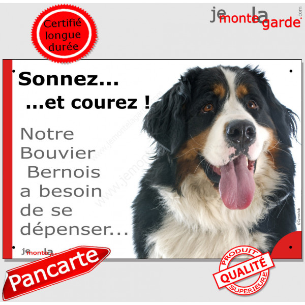 Plaque portail humour "Sonnez et Courez ! Notre Bouvier Bernois besoin dépenser" pancarte photo Attention au Chien drôle