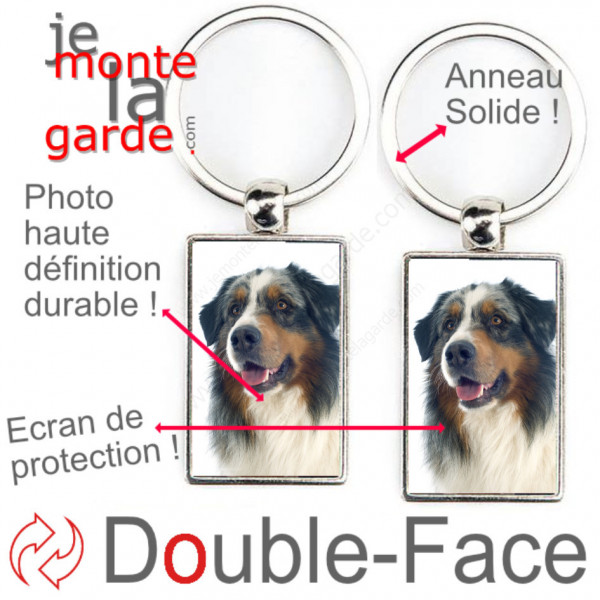 Porte-Clefs métallique double face photo Berger Australien bleu merle, idée cadeau porte clés fer acier Aussie