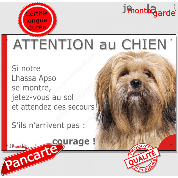 Lhassa Apso fauve, plaque portail humour "Attention au Chien, Jetez Vous au Sol, attendez secours, courage" photo pancarte