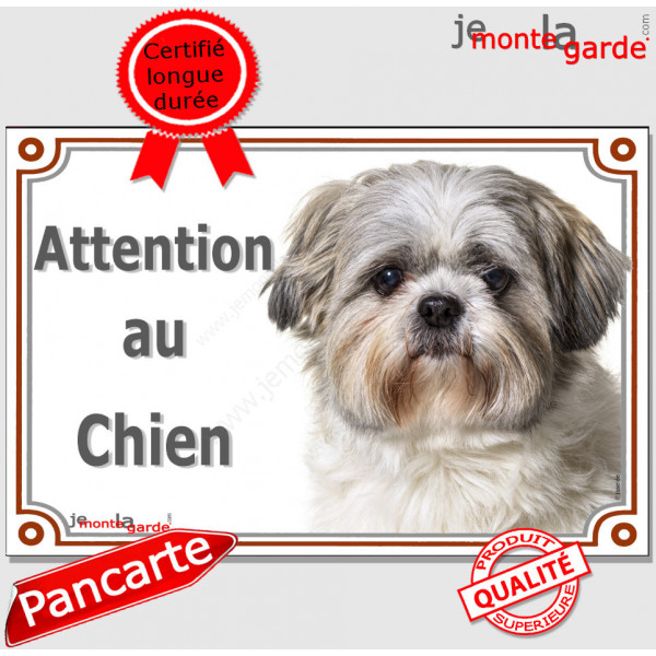 Shih-Tzu gris-bleu et blanc Tête, plaque portail "Attention au Chien" pancarte panneau photo affiche