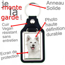 Porte-clés en cuir vegan et support en métal, avec la photo de votre Berger Blanc Suisse, idée cadeau porte clés BBS