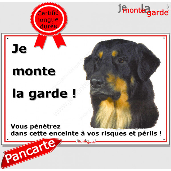 Hovawart Noir & Feu, plaque portail "je monte la garde, risques et périls" affiche pancarte panneau Howawart Howavart photo