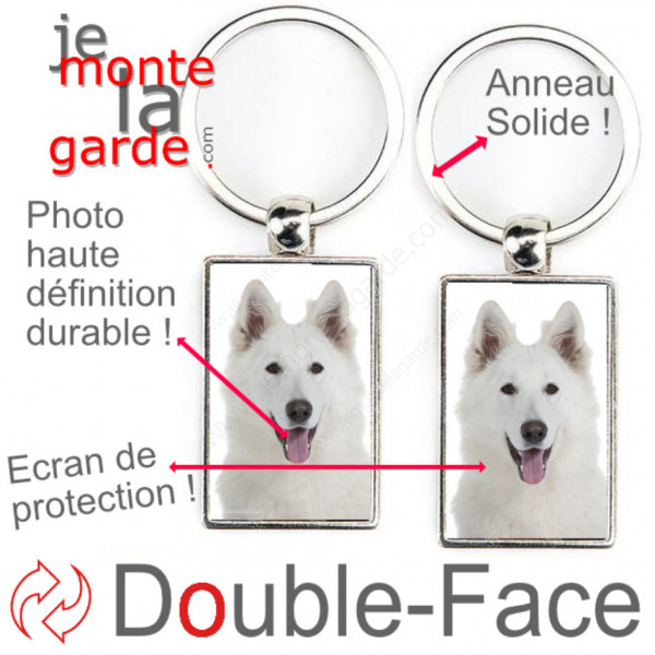 Porte-Clefs métallique double face photo Berger Blanc Suisse, idée cadeau porte clés fer acier