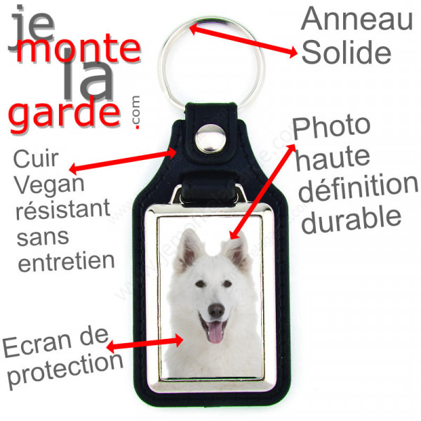 Porte-clés en cuir vegan et support en métal, avec la photo de votre Berger Blanc Suisse, idée cadeau porte clés BBS