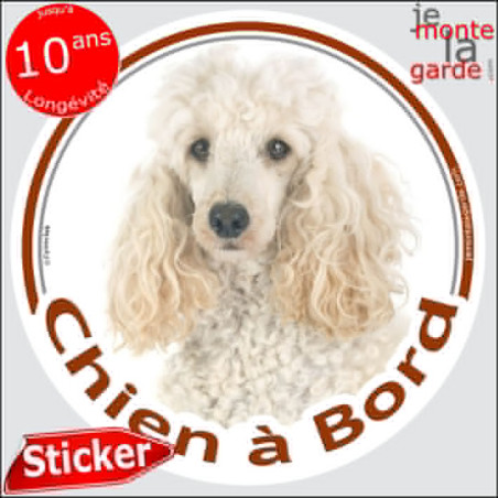 Caniche Blanc Tête, sticker autocollant rond "Chien à Bord" Disque adhésif photo, résiste pluie soleil gel, idée cadeau