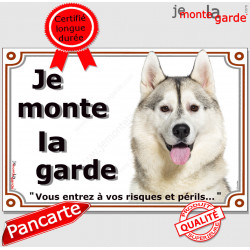 Husky gris et blanc, Plaque portail "Je Monte la Garde, risques périls" panneau pancarte photo, attention au chien