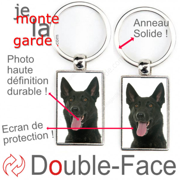 Porte-Clefs métallique double face photo Berger Hollandais noir poils courts, idée cadeau porte clés fer acier