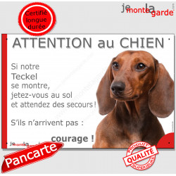 Teckel, plaque humour "Jetez Vous au Sol, Attention au Chien" 24 cm