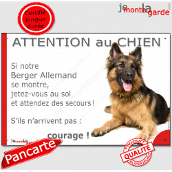 Berger Allemand Poils Longs, Panneau humour "Attention au Chien, jetez-vous au sol, attendez secours" plaque pancarte photo