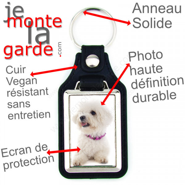 Porte-clés en cuir vegan et support en métal, avec la photo de votre Bichon frisé, idée cadeau porte clés