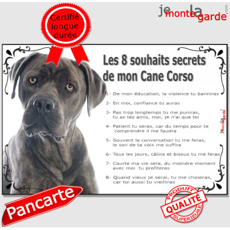 Cane Corso gris bleu Tête, Plaque Portail "Les 8 Souhaits Secrets" commandements éducation, résiste pluie soleil gel, idée cadea
