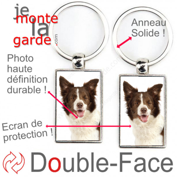 Porte-Clefs métallique double face photo Border Collie marron chocolat et blanc, idée cadeau porte clés fer acier