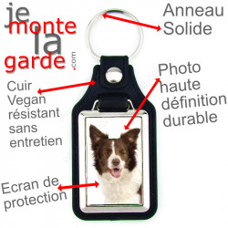 Porte-clés en cuir vegan et support en métal, avec la photo de votre Border Collie marron chocolat, idée cadeau porte clef