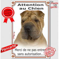 Shar-Peï fauve, plaque portail verticale "Attention au Chien, pas sans autorisation" 24 cm VL