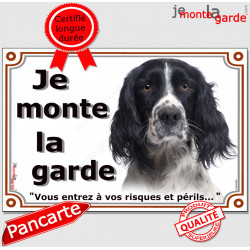 Springer noir et blanc, Plaque portail "Je monte la garde, risque péril" panneau, pancarte photo springeur attention au chien