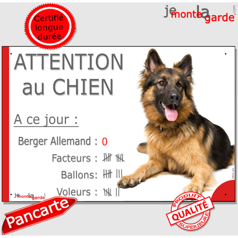 Berger Allemand Poils Longs, Pancarte Portail drôle "Attention au Chien, nombre de Facteurs, Ballons, Voleurs" plaque photo