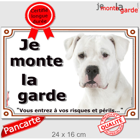 Dogue Argentin tout Blanc, plaque portail extérieur "je Monte la Garde, risques et périls" pancarte attention au chien photo