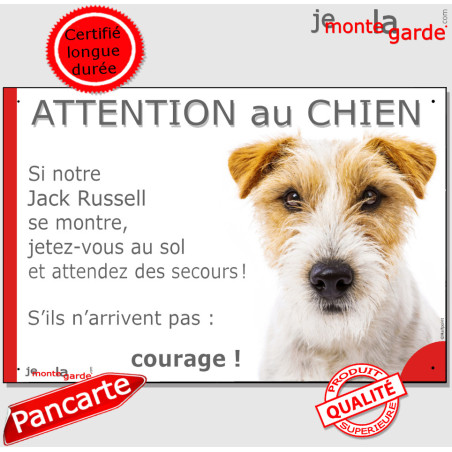 Jack Russell Terrier blanc taches fauves à poils durs, plaque portail humour "Attention au Chien, Jetez Vous au Sol, attendez de