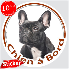 Bouledogue Français Bringé Noir Tête, sticker rond voiture "Chien à Bord" Disque photo autocollant adhésif, résiste pluie soleil
