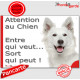 Plaque portail humour extérieur Berger Blanc Suisse "Attention au Chien, Entre qui veut... Sort qui peut !" pancarte drôle photo
