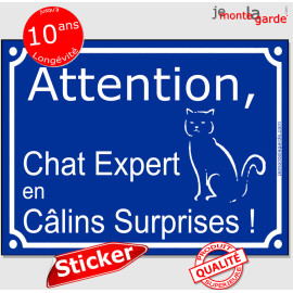Plaque ou sticker portail bleu "Attention au Chat Expert en Câlins !" 16 cm