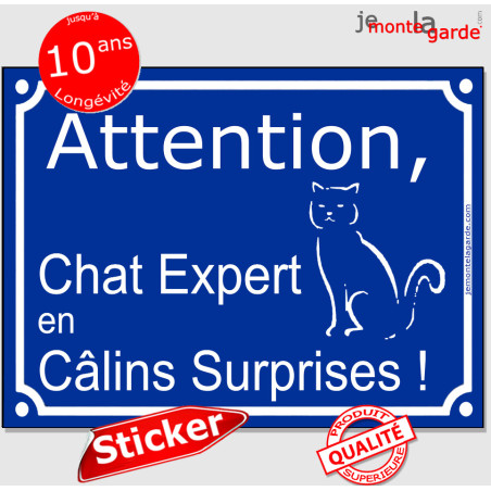 Plaque ou sticker portail bleu "Attention au Chat Expert en Câlins !" 16 cm