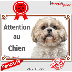 Shih-Tzu fauve Tête, plaque portail "Attention au Chien" pancarte entrée, panneau photo race Shih-Tsu sable beige crème