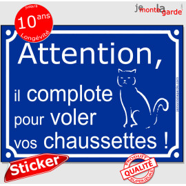 Plaque ou sticker portail bleu "Attention au Chat Voleur de Chaussettes !" 16 cm