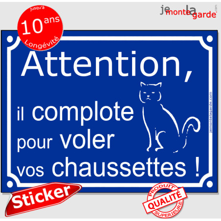 Plaque ou sticker portail bleu "Attention au Chat Voleur de Chaussettes !" 16 cm Plaque ou sticker portail bleu "Attention au Chat Voleur de Chaussettes !" 16 cm