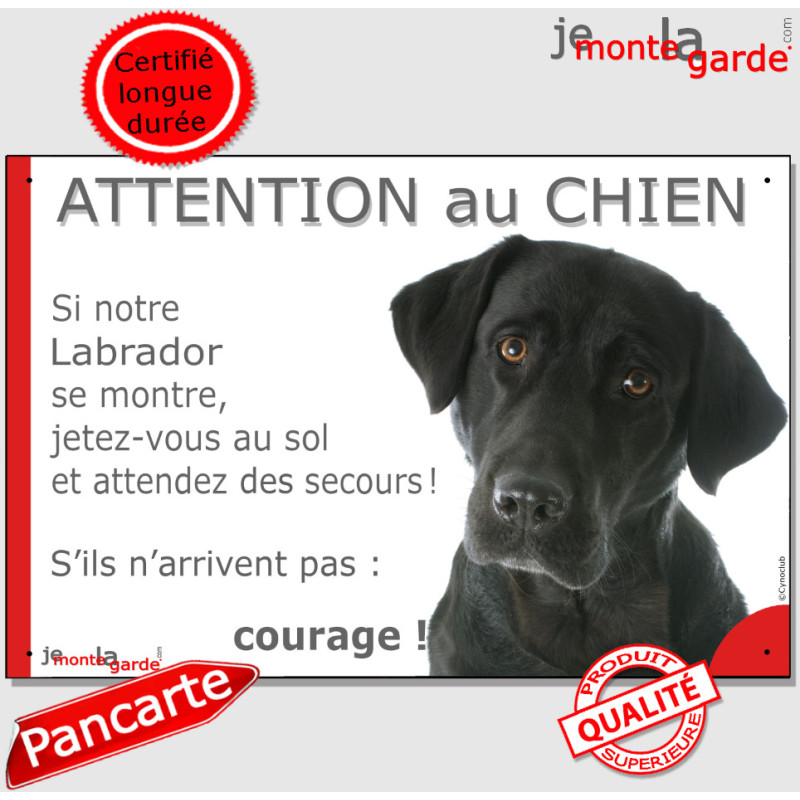 Labrador Noir, plaque humour "Attention au Chien, Jetez Vous au Sol, attendez secours courage" pancarte drôle photo Labrador Noir, plaque humour "Attention au Chien, Jetez Vous au Sol, attendez secours courage" pancarte drôle photo