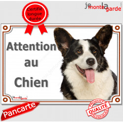 Welsh Corgi noir bringé et blanc, plaque portail "Attention au Chien" pancarte panneau photo