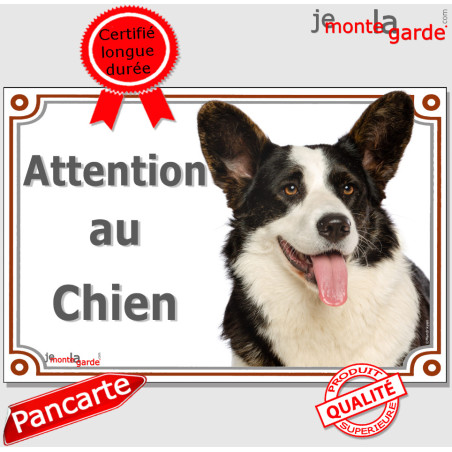 Welsh Corgi noir intense et blanc, plaque portail "Attention au Chien" photo résiste intempéries