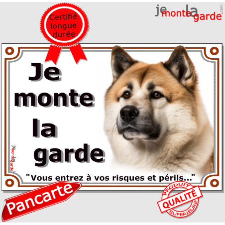 Akita Américain fauve à masque noir, plaque portail "Je Monte la Garde, entrez à vos  risques et périls" photo