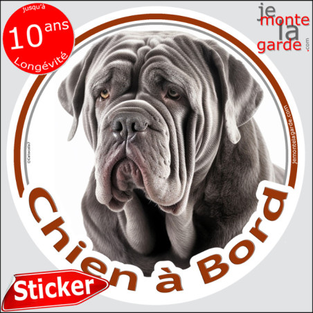 Mâtin de Naples, disque photo autocollant "Chien à Bord" Sticker adhésif rond vitre voiture, résiste pluie soleil gel, idée cade