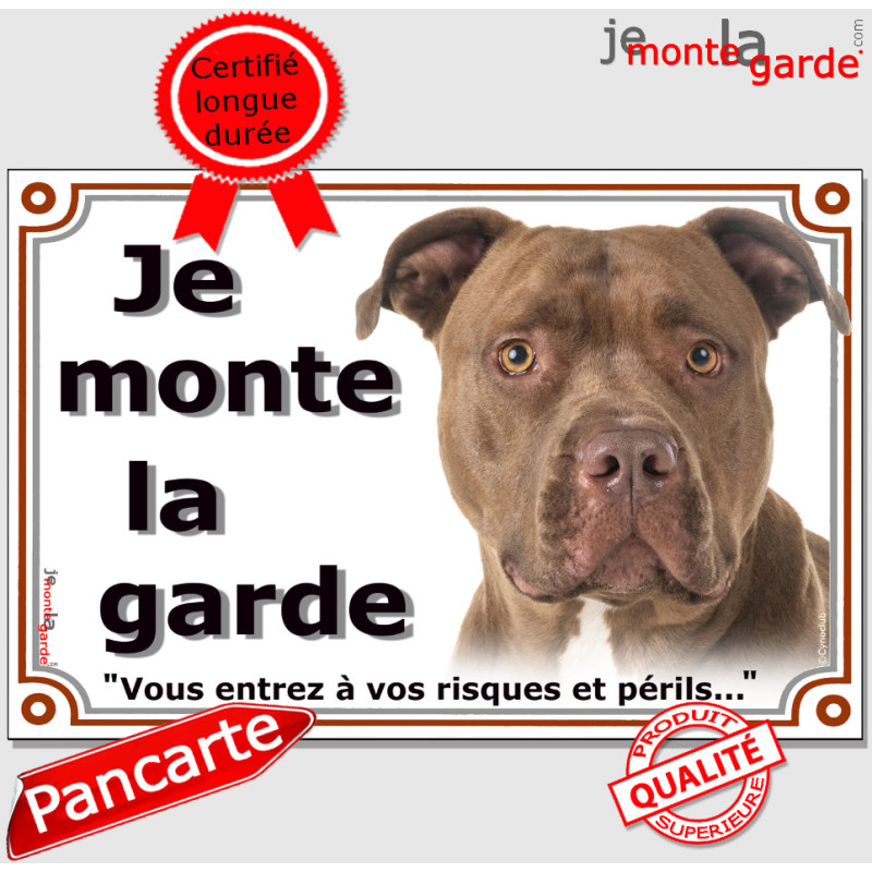 Pitt Bull red nose, plaque portail "Je monte la garde, risques et périls "attention au chien photo résiste intempéries