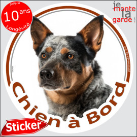 Bouvier Australien moucheté bleu, disque photo autocollant "Chien à Bord" Sticker adhésif rond vitre voiture bleu merle, résiste