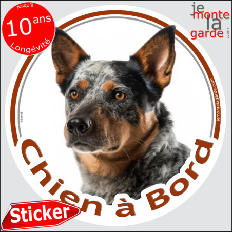 Bouvier Australien moucheté bleu, disque photo autocollant "Chien à Bord" Sticker adhésif rond vitre voiture bleu merle, résiste