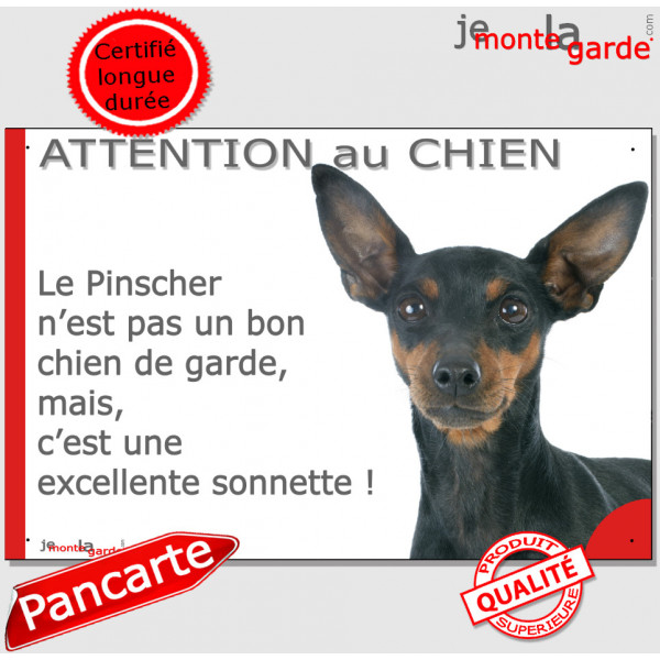 Plaque portail humour "Attention au Chien, notre gardien Pinsher noir et feu est une sonnette" Pancarte drôle photo, résiste plu
