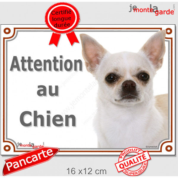 Chihuahua blanc à poils courts Tête, plaque portail extérieure "Attention au Chien" pancarte panneau beige photo